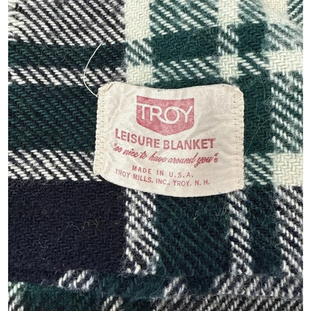 Vtg Troy Wool Leisure Blanket Green Navy Plaid Stadium Throw Fringe 48x53 USA